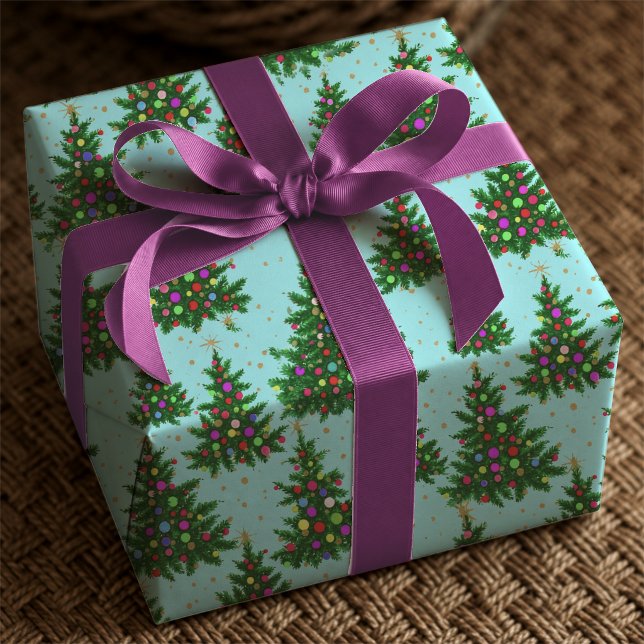 Söta Blå Whimsical Julgranar Högtid Presentpapper (Skapare uppladdad)