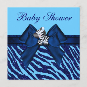 Söta blå zebror & djurtryck glitter baby shower inbjudningar