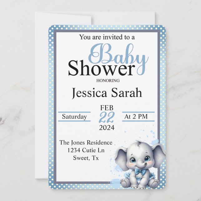 Söta blåa elefanten - Lilla Peanut Inbjudningar (Framsida)