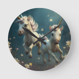 Söta blommiga Enhörningar flygande litet ponny   R Rund Klocka
