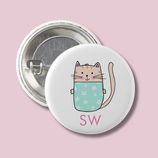 Söta blommiga katt initialer monogram knapp (Kitty Cat personalized button)