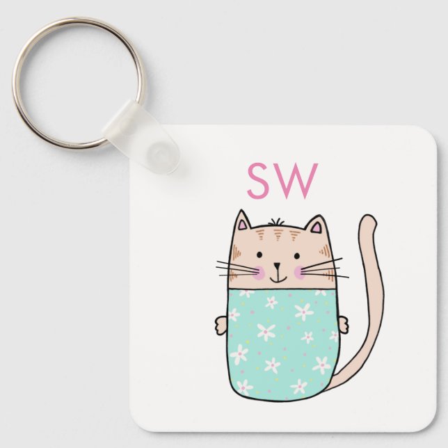 Söta blommiga katt initialer monogram nyckelring (Framsida)