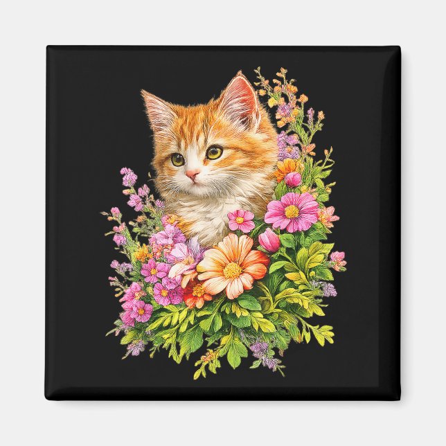 Söta Blommiga Kattunge Trädgård Blomma Kattpresent Magnet (Framsidan)