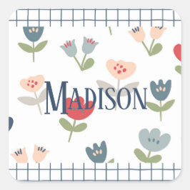 Söta blommiga tulpaner gårdshus vår sommar ljust fyrkantigt klistermärke