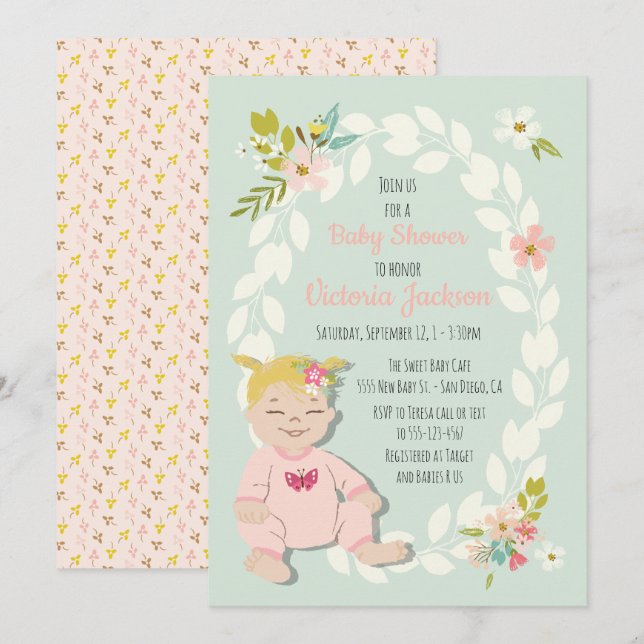 Söta blommigtar, blonda babyduschinbjudningar inbjudningar (Fram/baksida)