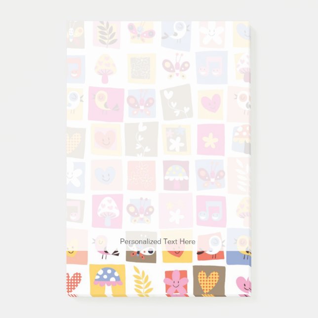 Söta blommor, fåglar, hjärtslitsar mönster post-it block (Framsida)