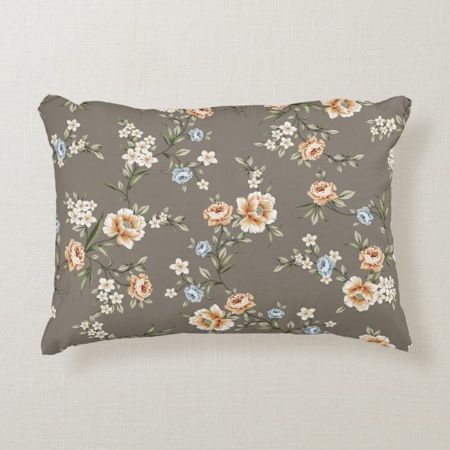 Söta blommor med löv mönster på grått backgroun prydnadskudde (Framsidan)