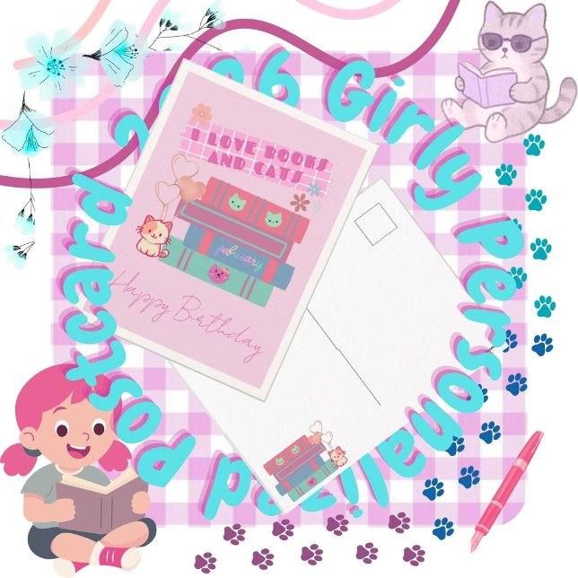 Söta böcker & katter flickigt rosa höstkort 2026 helg vykort ("I Love Books & Cats"- Standard Holiday Postcard, Pink Color 2026, library month, library week, cat )