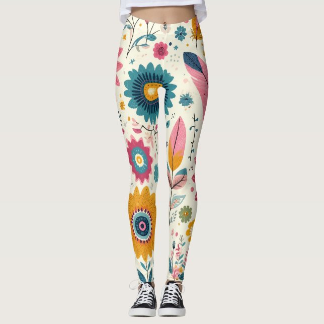 Söta bohemiska blommor fjädrar tryck leggings (Framsida)