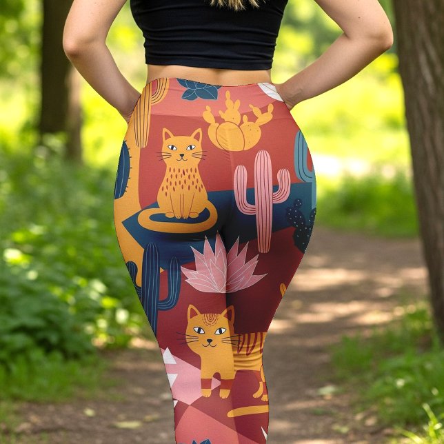 Söta Boho Ökenkatter Kaktus Sukkulent Mönster Leggings (Skapare uppladdad)