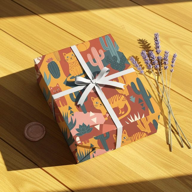 Söta Boho Ökenkatter Kaktus Sukkulent Mönster Presentpapper (Skapare uppladdad)