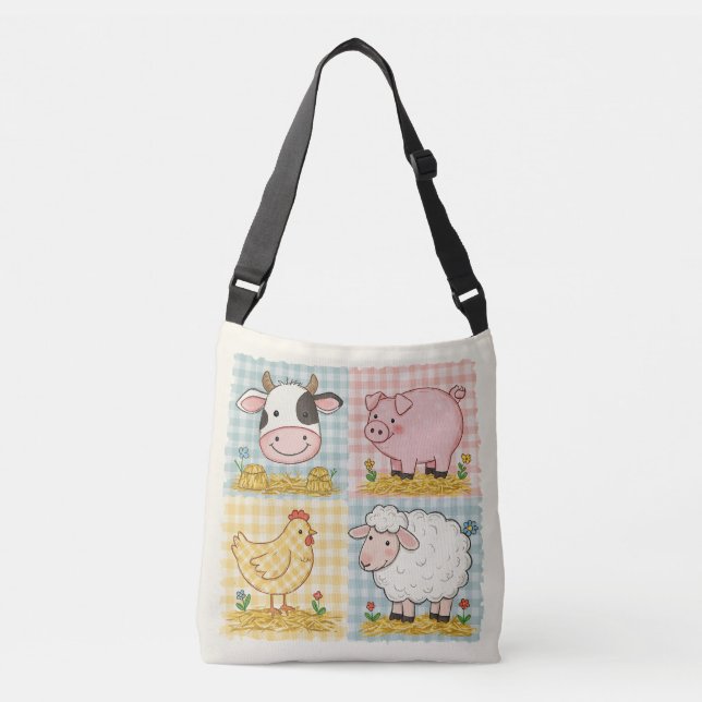 Söta bondgårdsdjur Rutig gårdsplan Axelväska (Framsida)