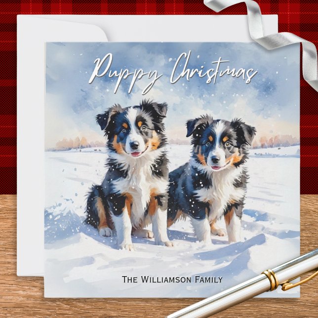 Söta Border Collie-valpar i snö Julvalp Julkort (A personalized Christmas card with illustration of two cute border collie puppies in the winter snow)
