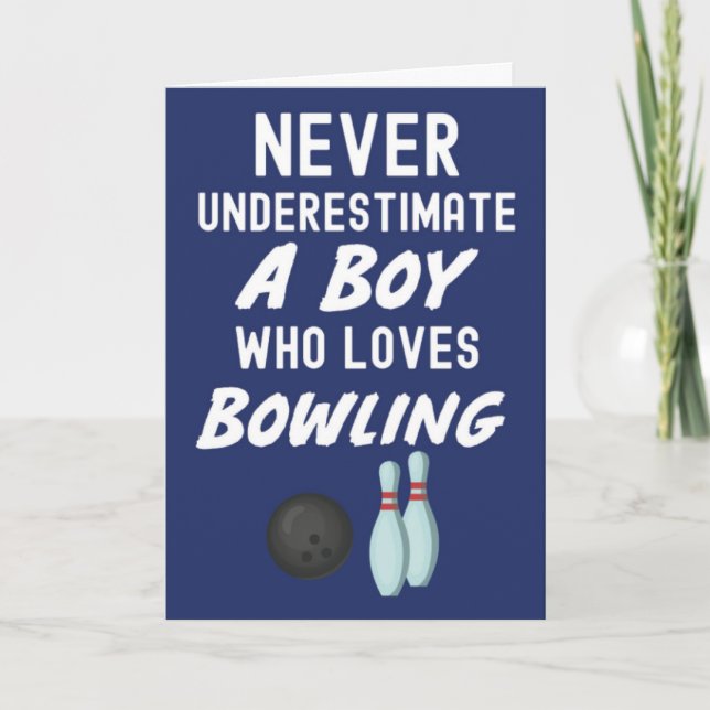 Söta bowlingkort i marinblått för småpojkar och ba kort (Framsida)