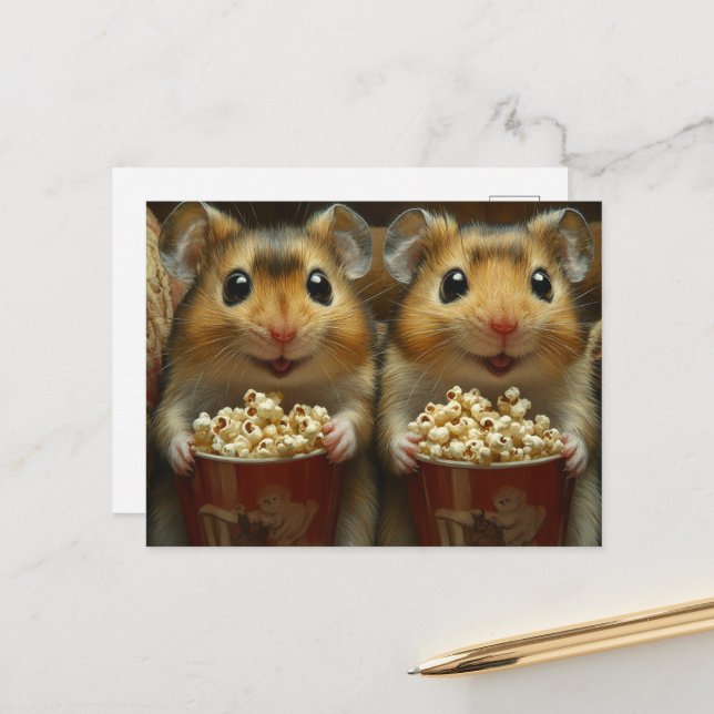 Söta Bruna Hamstrar Med Popcorn Vykort (Fram/Back In Situ)