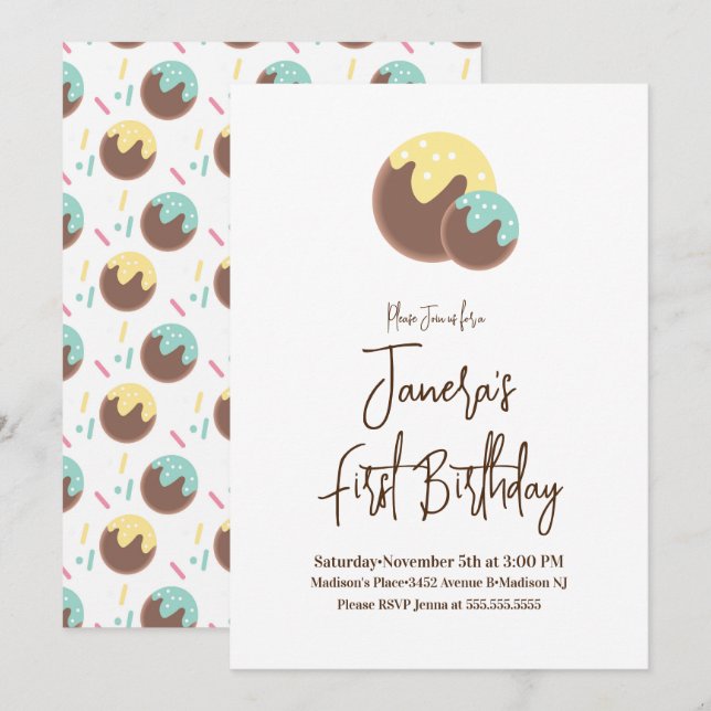 Söta Cake Pop-bollar Första födelsedagsinbjudan Inbjudningar (Fram/baksida)