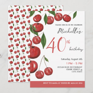 Söta Cherries Watercolor Illustration Birthday in Inbjudningar