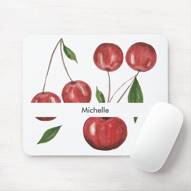 Söta Cherries Watercolor Illustration Monogrammed Musmatta (Med mus)