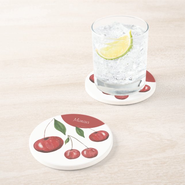 Söta Cherries Watercolor Illustration Monogrammed Underlägg (Sidan)