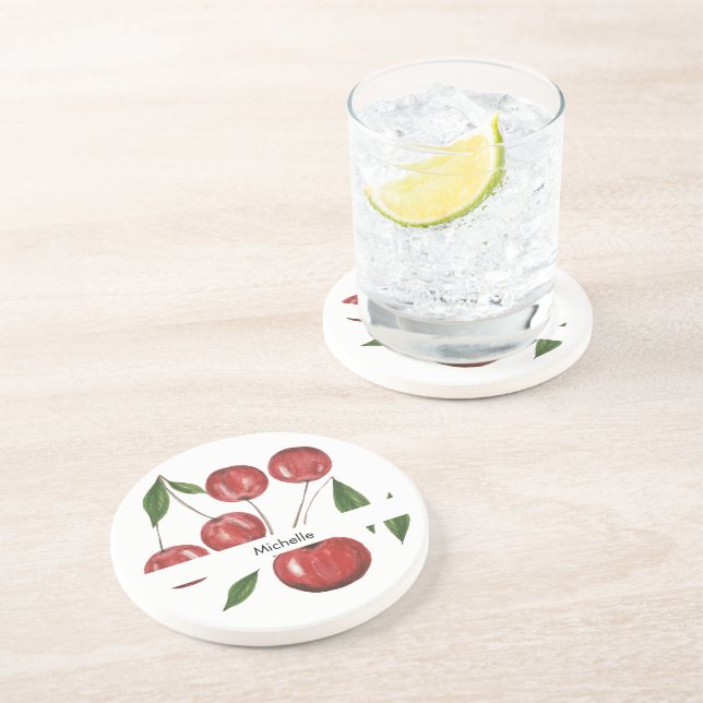 Söta Cherries Watercolor Illustration Monogrammed Underlägg (Sidan)