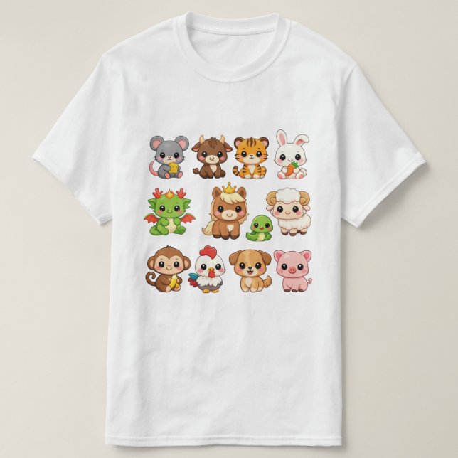 Söta Chibi 12 Kinesiska Zodiakdjur T Shirt (Design framsida)