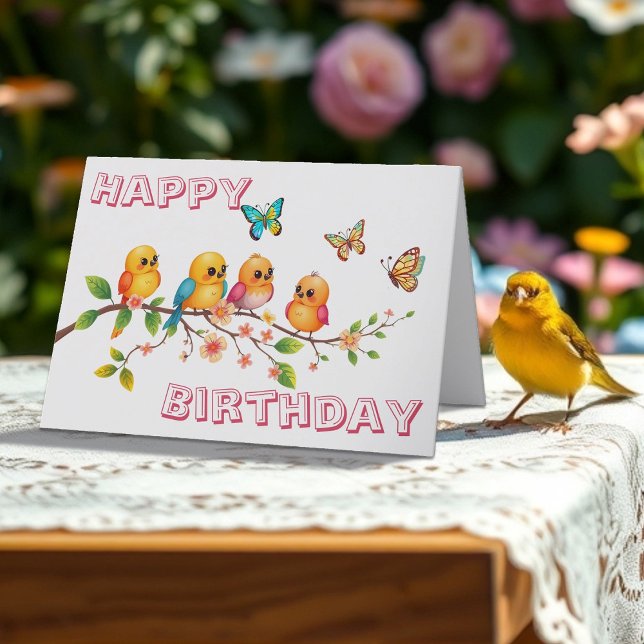 Söta Chirpy Birds & Butterflies Birthday Kort (Skapare uppladdad)