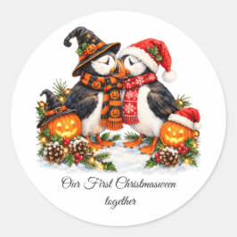 Söta Christmasween Lunnefåglar Romantiska Par Anpa Runt Klistermärke