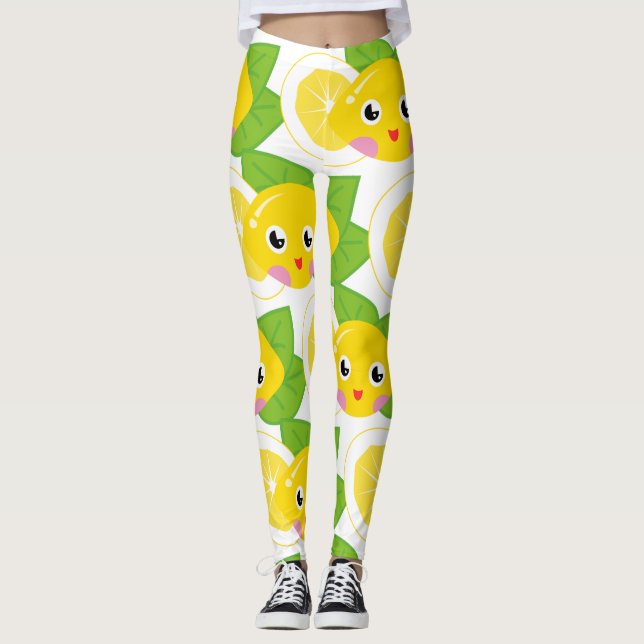 Söta citroner Emoji-ansiktsmönster Leggings (Framsida)
