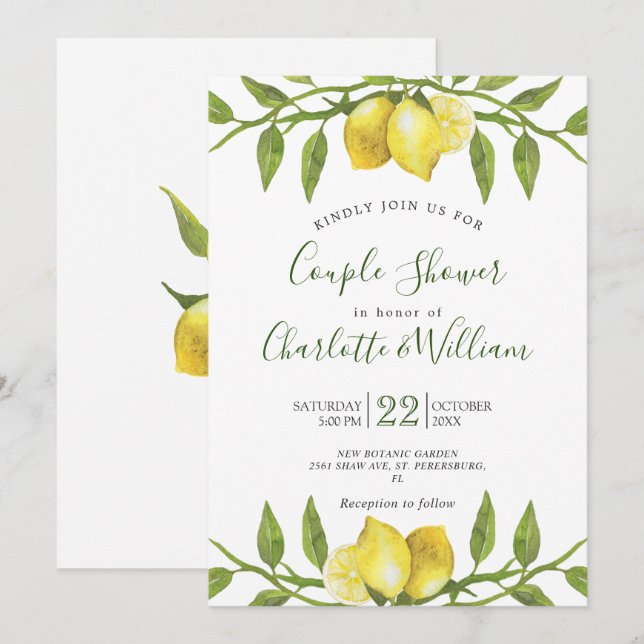 Söta citroner och grön vattenfärgsduk inbjudningar (Fram/baksida)