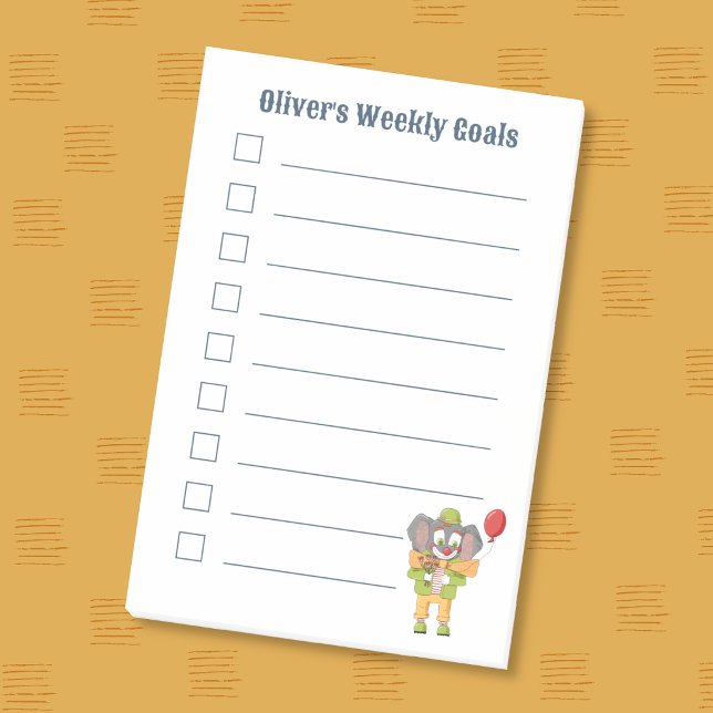 Söta Clown Elefant Barn Mål Post-It Notes Block (Cute clown elephant kid weekly goals sticky notes .)