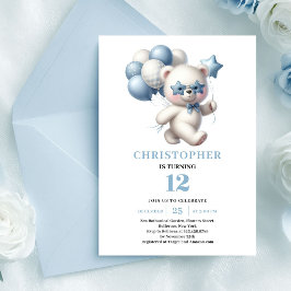 Söta coola teddybjörnballonger dammiga blå födelse inbjudningar