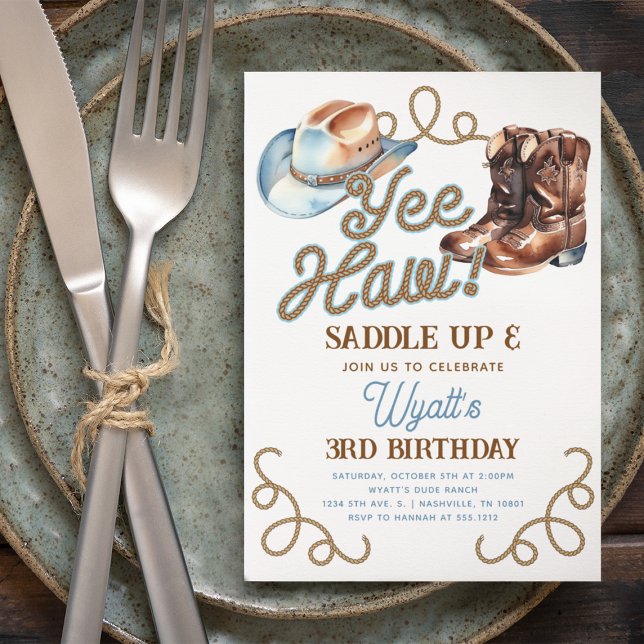 Söta cowboystövlar Blå Yee Haw Rodeo Födelsedag Inbjudningar (Cute Cowboy Boots Blue Yee Haw Rodeo Birthday Invitation)