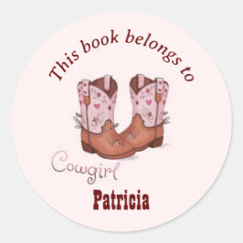 Söta CowGirl-stövlar Den här boken tillhör Rosa Runt Klistermärke