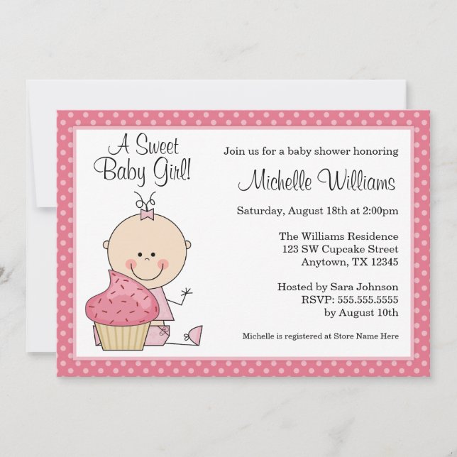Söta Cupaka Rosa Polka Dot Girl Baby Shower Inbjudningar (Framsida)
