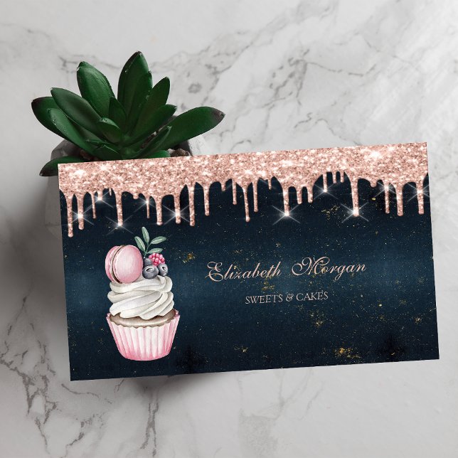Söta Cupcake Macaroon Rose Guld Dropar Mörkblå Visitkort (Skapare uppladdad)