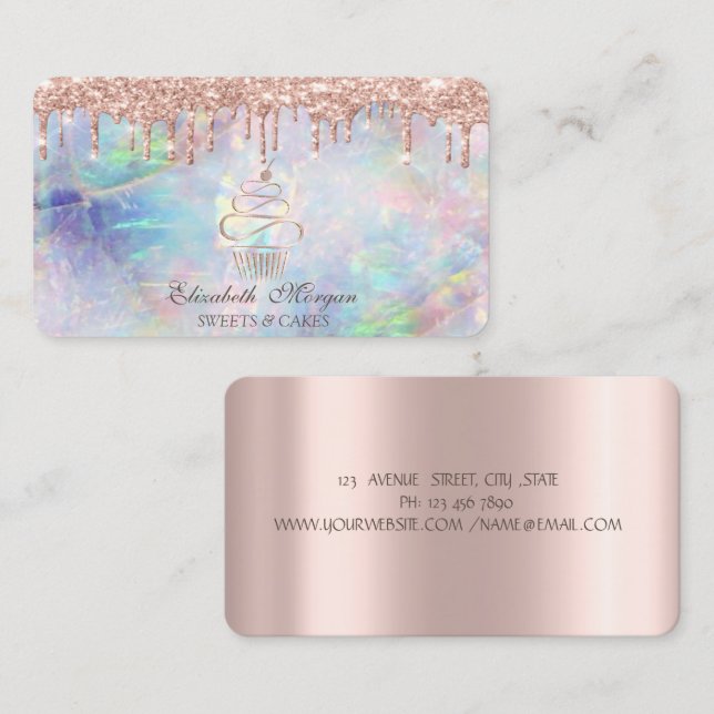 Söta Cupcake Rose Gold Droppande Opal Visitkort (Fram/baksida)