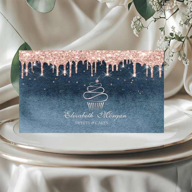 Söta Cupcake Rose Guld Dropar Diamanter Blå  Visitkort (Skapare uppladdad)