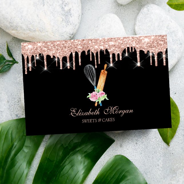 Söta Cupcake Rose Guld Dropp Bakverk Svart Visitkort (Skapare uppladdad)
