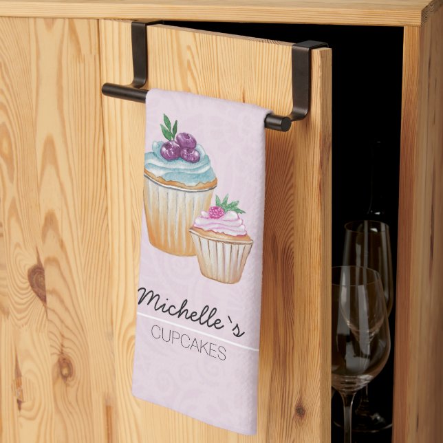 Söta Cupcakes Och Frukter Vattenfärg Kökshandduk (Thirds Fold)