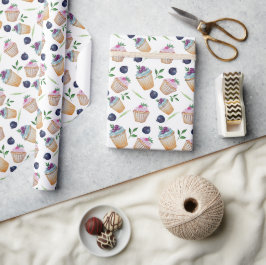 Söta Cupcakes Och Frukter Vattenfärg Mönster Presentpapper