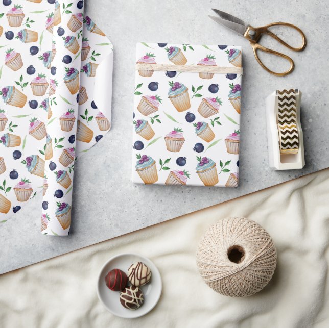 Söta Cupcakes Och Frukter Vattenfärg Mönster Presentpapper (Hantverk)