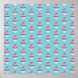 Söta Cupcakes på Blå Bakgrund Poster