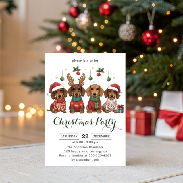 Söta Dachshund Hundar Julfest  Inbjudningar (Skapare uppladdad)