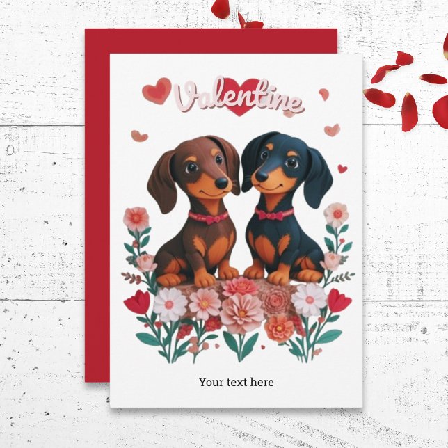 Söta Dachshunds Korvhundar Alla hjärtans dag Julkort (A cute Valentine's Day card, featuring two adorable dachshunds, with hearts, flowers and custom text)