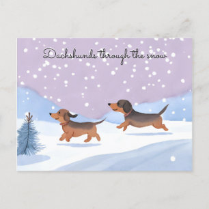 Söta Dachshunds Korvhundar i Snö Jul Helg Vykort