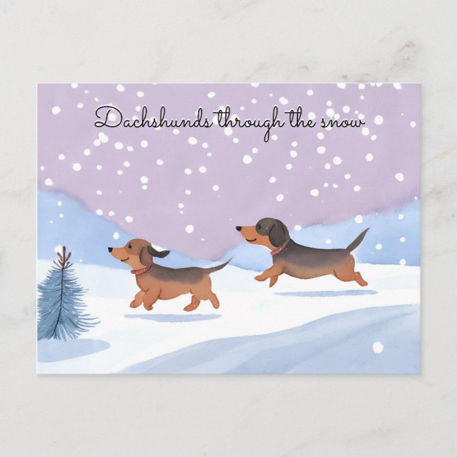Söta Dachshunds Korvhundar i Snö Jul Helg Vykort (Framsida)