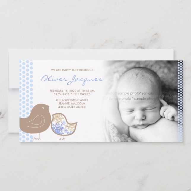Söta Damask-kycklingar Baby Boy Födelsekungörelse Meddelande (Framsida)