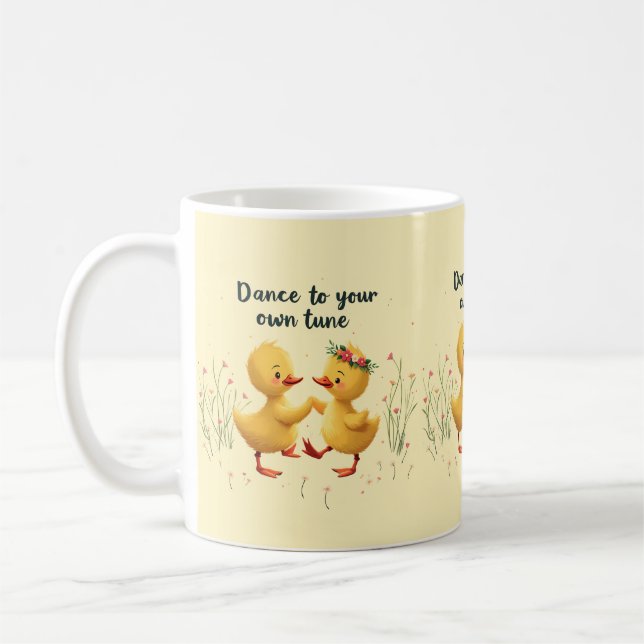 Söta dansande ankungar med blomstertema och vårstä kaffemugg (Vänster)