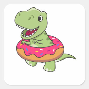 Söta Dino T-Rex-roliga djur i Donut-Rosa Fyrkantigt Klistermärke