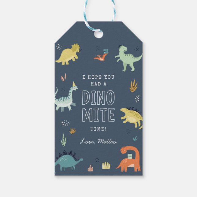 Söta dinosaurie födelsedagsfest taggar presentetikett (Framsidan)
